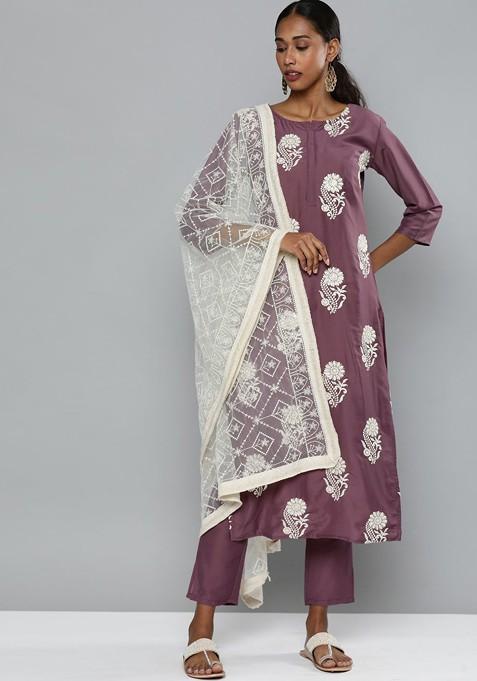 Magenta Floral Embroidered Regular Kurta With Trousers And Dupatta