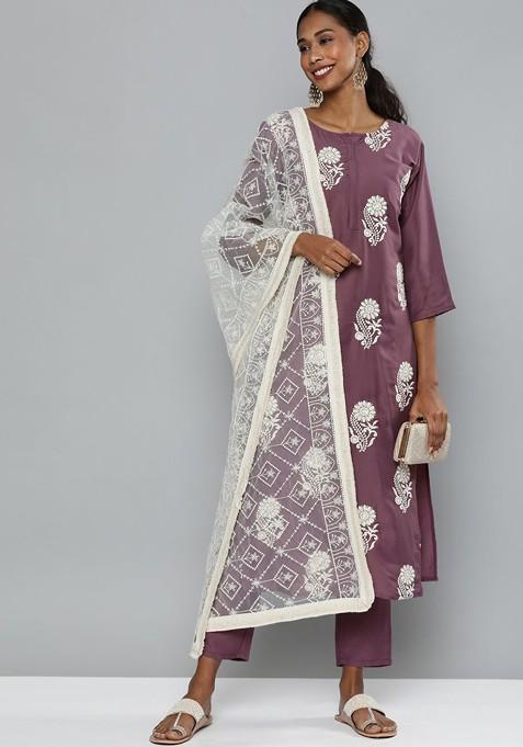 Magenta Floral Embroidered Regular Kurta With Trousers And Dupatta
