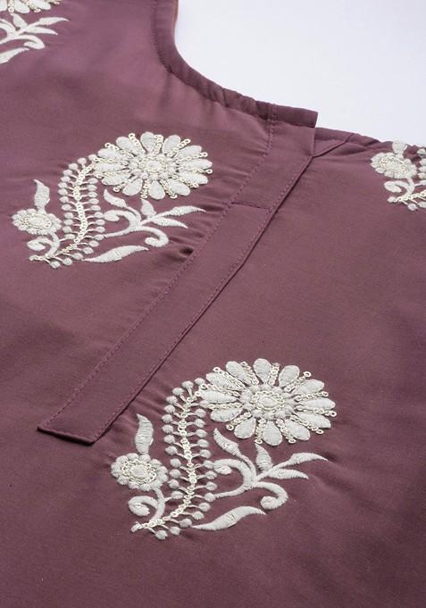 Magenta Floral Embroidered Regular Kurta With Trousers And Dupatta