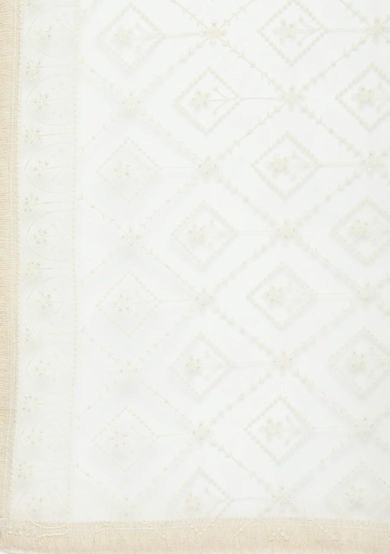 Grey And White Embroidered Regular Kurta With Trousers And Dupatta - Indya