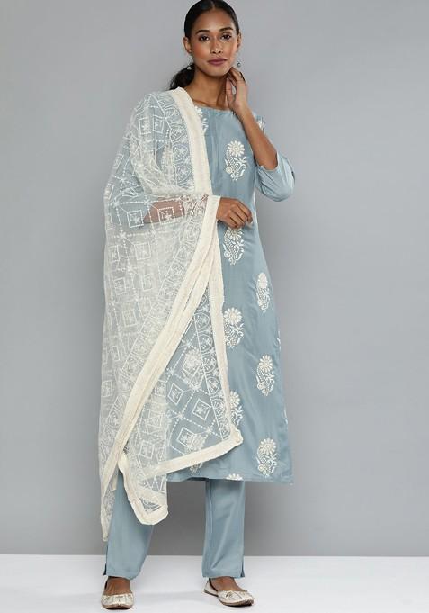 Grey And White Chikankari Blended Straight Kurta Set
