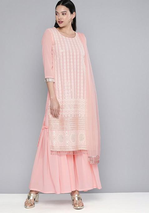 Pink Embroidered Regular Sequin Kurta With Sharara And With Dupatta