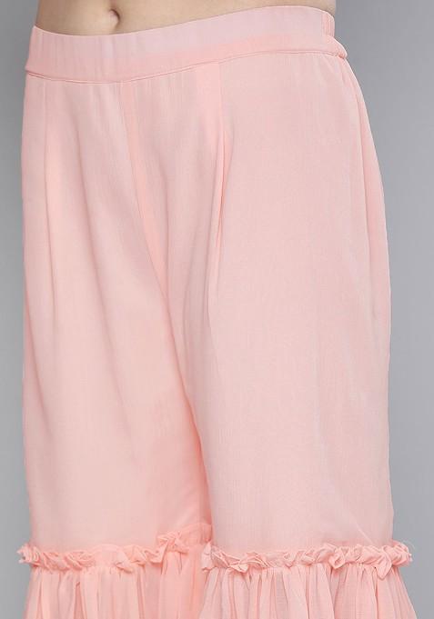 Pink Embroidered Regular Sequin Kurta With Sharara And With Dupatta