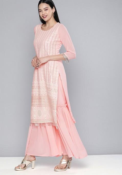 Pink Embroidered Regular Sequin Kurta With Sharara And With Dupatta