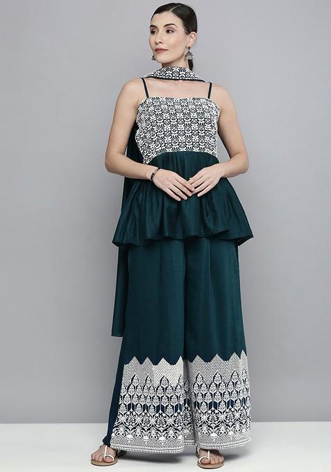 Teal Green Embroidered Panelled Kurta With Palazzos And With Dupatta