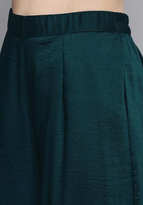 Teal Green Embroidered Panelled Kurta With Palazzos And With Dupatta
