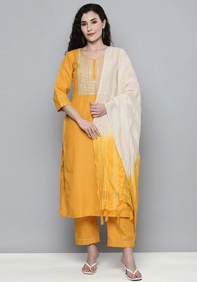 Yellow Embroidered Mirror Work Kurta With Trousers And Dupatta