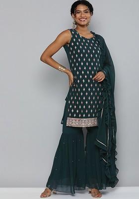 Teal Green Sequin Embroidered Kurta With Sharara And With Dupatta