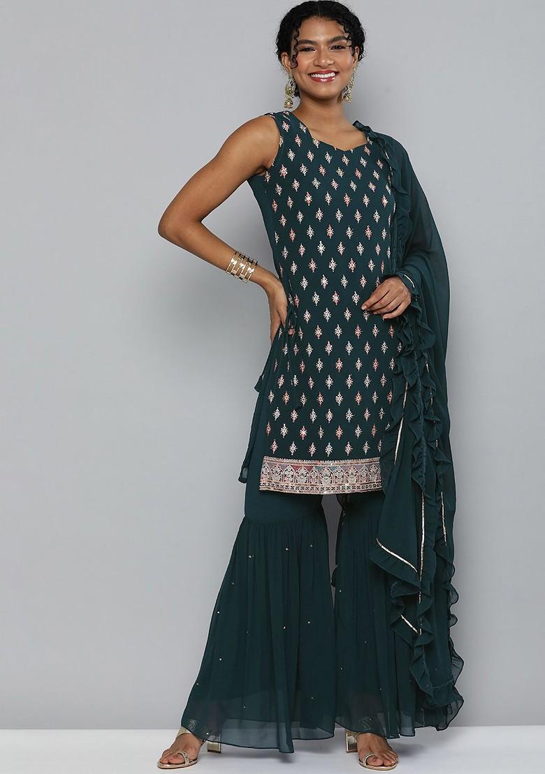 Teal Green Sequin Embroidered Kurta With Sharara And With Dupatta