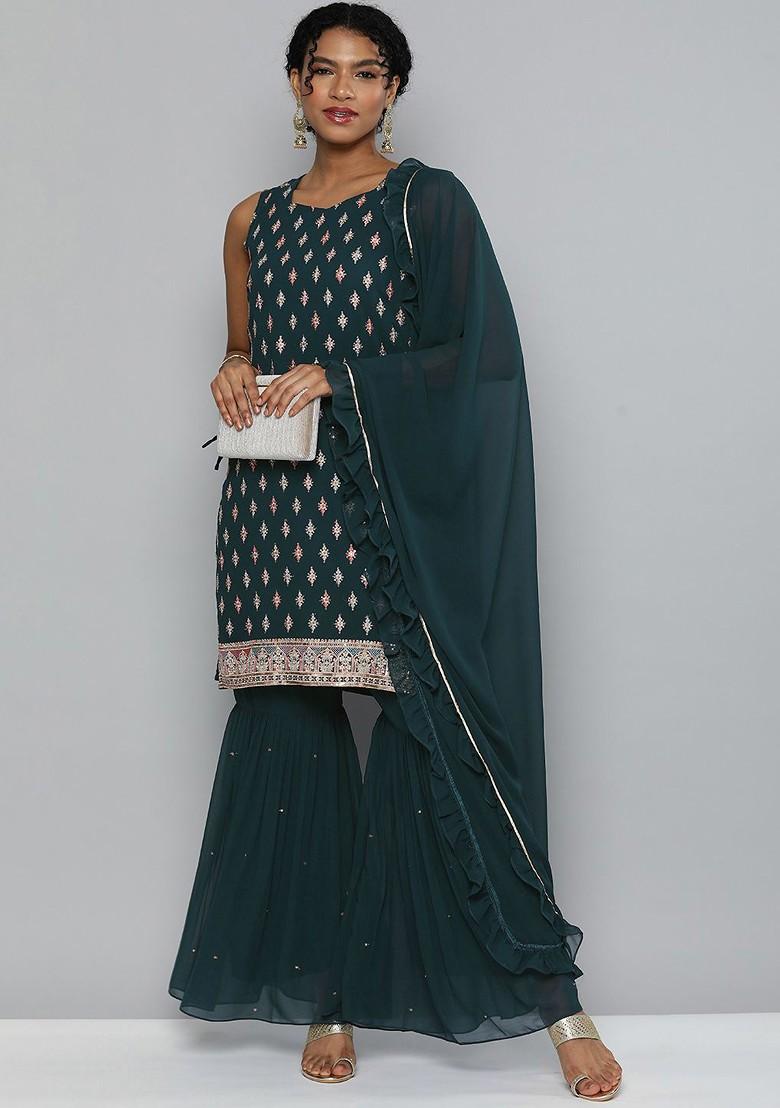 Teal Green Sequin Embroidered Kurta With Sharara And With Dupatta