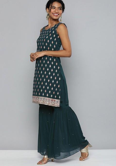 Teal Green Sequin Embroidered Kurta With Sharara And With Dupatta