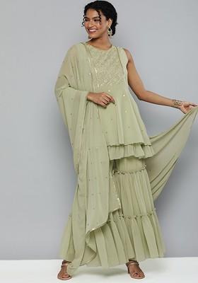 Mint Green Embroidered Layered Sequin Kurta With Sharara And With Dupatta