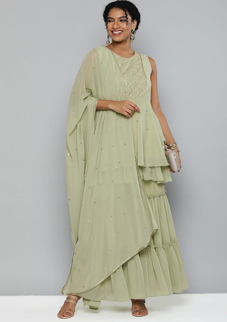 Mint Green Embroidered Layered Sequin Kurta With Sharara And With Dupatta