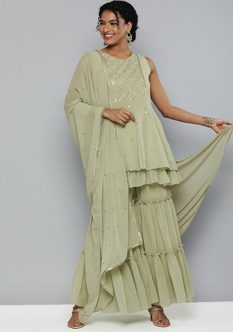 Mint Green Embroidered Layered Sequin Kurta With Sharara And With Dupatta