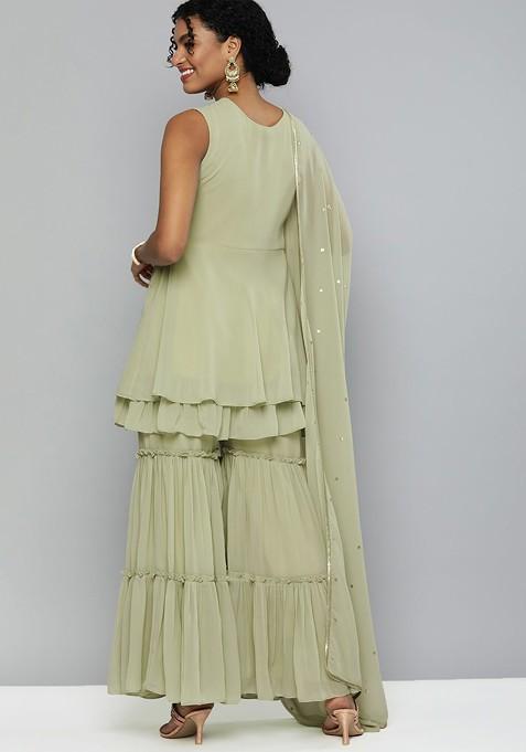 Mint Green Embroidered Layered Sequin Kurta With Sharara And With Dupatta
