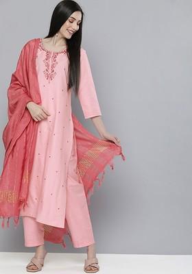 Pink Ethnic Motifs Mirror Work Pure Cotton Kurta With Trousers And With Dupatta