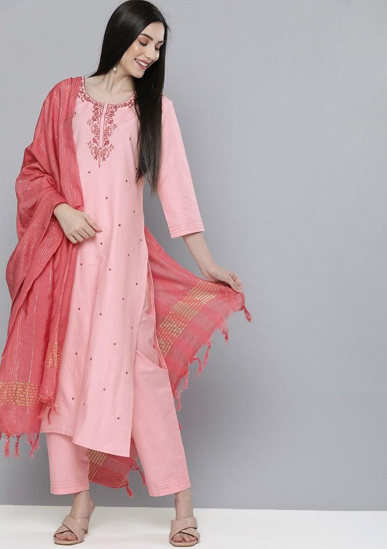 Pink Ethnic Motifs Mirror Work Pure Cotton Kurta With Trousers And With Dupatta