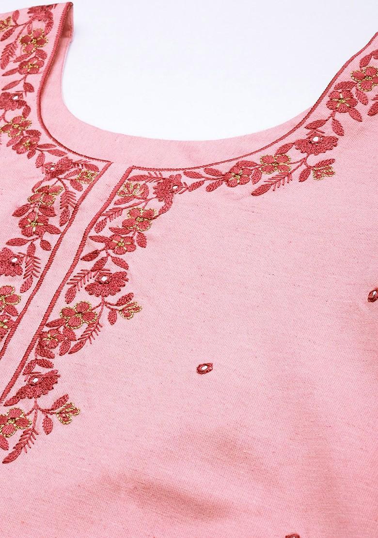 Pink Ethnic Motifs Mirror Work Pure Cotton Kurta With Trousers And With Dupatta