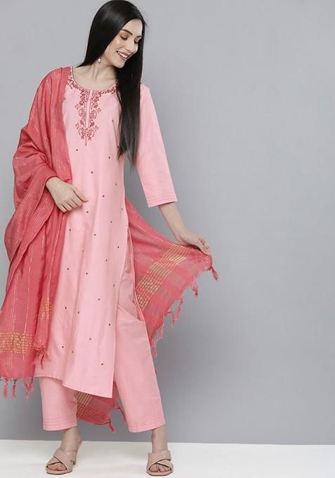 Pink Ethnic Motifs Mirror Work Pure Cotton Kurta With Trousers And With Dupatta
