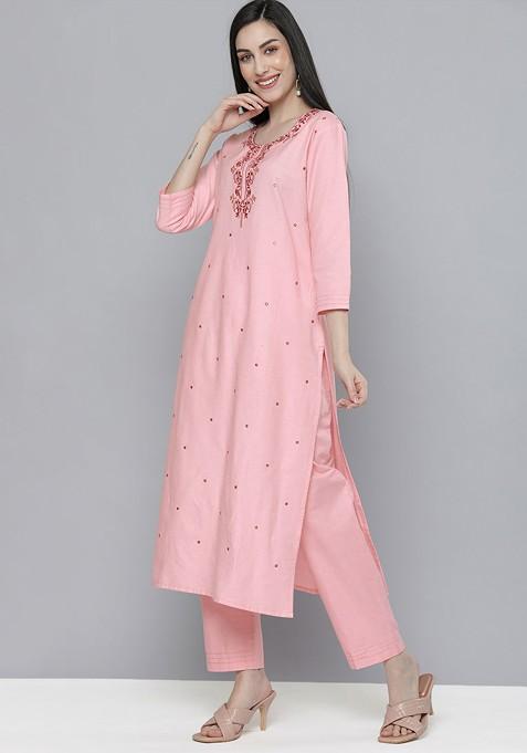 Pink Ethnic Motifs Mirror Work Pure Cotton Kurta With Trousers And With Dupatta