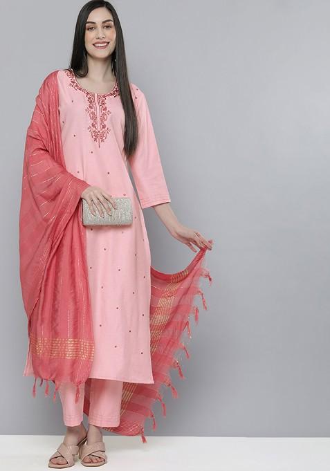 Pink Ethnic Motifs Mirror Work Pure Cotton Kurta With Trousers And With Dupatta