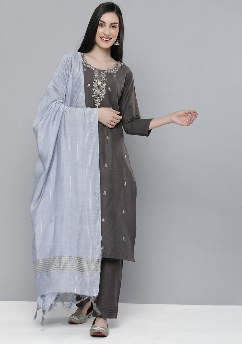Charcoal Ethnic Motifs Mirror Work Pure Cotton Kurta With Trousers And With Dupatta
