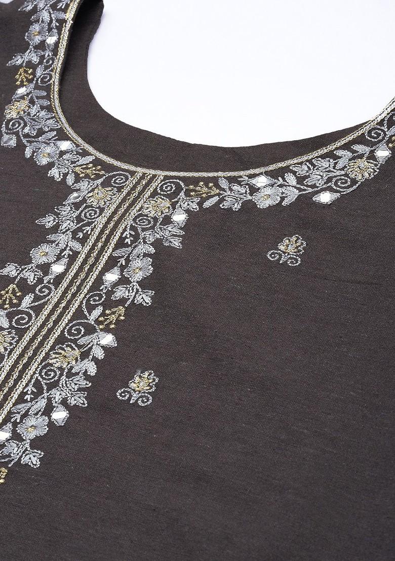 Charcoal Ethnic Motifs Mirror Work Pure Cotton Kurta With Trousers And With Dupatta