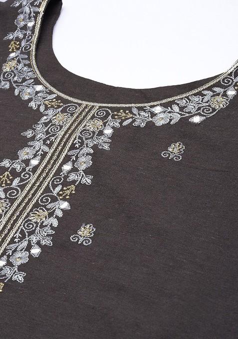 Charcoal Ethnic Motifs Mirror Work Pure Cotton Kurta With Trousers And With Dupatta