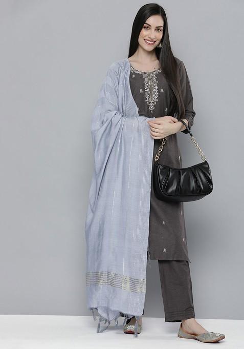 Charcoal Ethnic Motifs Mirror Work Pure Cotton Kurta With Trousers And With Dupatta