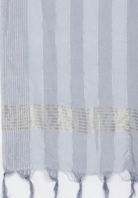 Charcoal Ethnic Motifs Mirror Work Pure Cotton Kurta With Trousers And With Dupatta