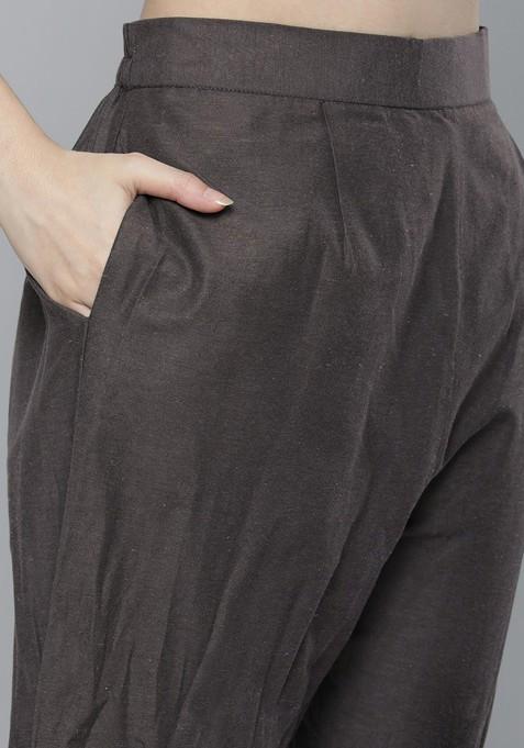 Charcoal Ethnic Motifs Mirror Work Pure Cotton Kurta With Trousers And With Dupatta