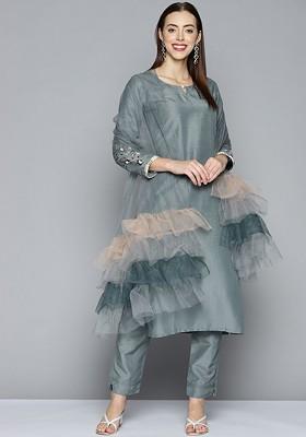 Grey Sequin Kurta With Trousers And With Dupatta