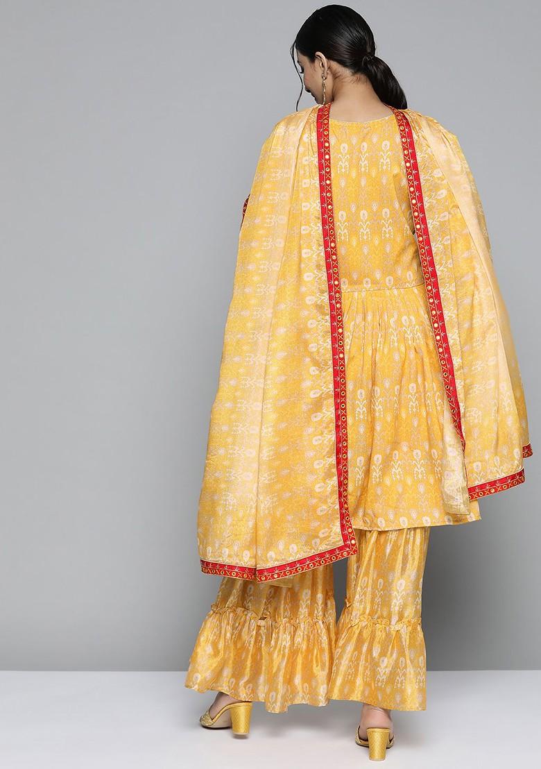 Yellow And Beige Ethnic Motifs Printed Mirror Work Kurta With Sharara And Dupatta