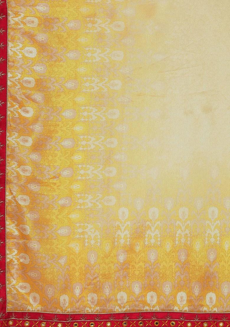 Yellow And Beige Ethnic Motifs Printed Mirror Work Kurta With Sharara And Dupatta