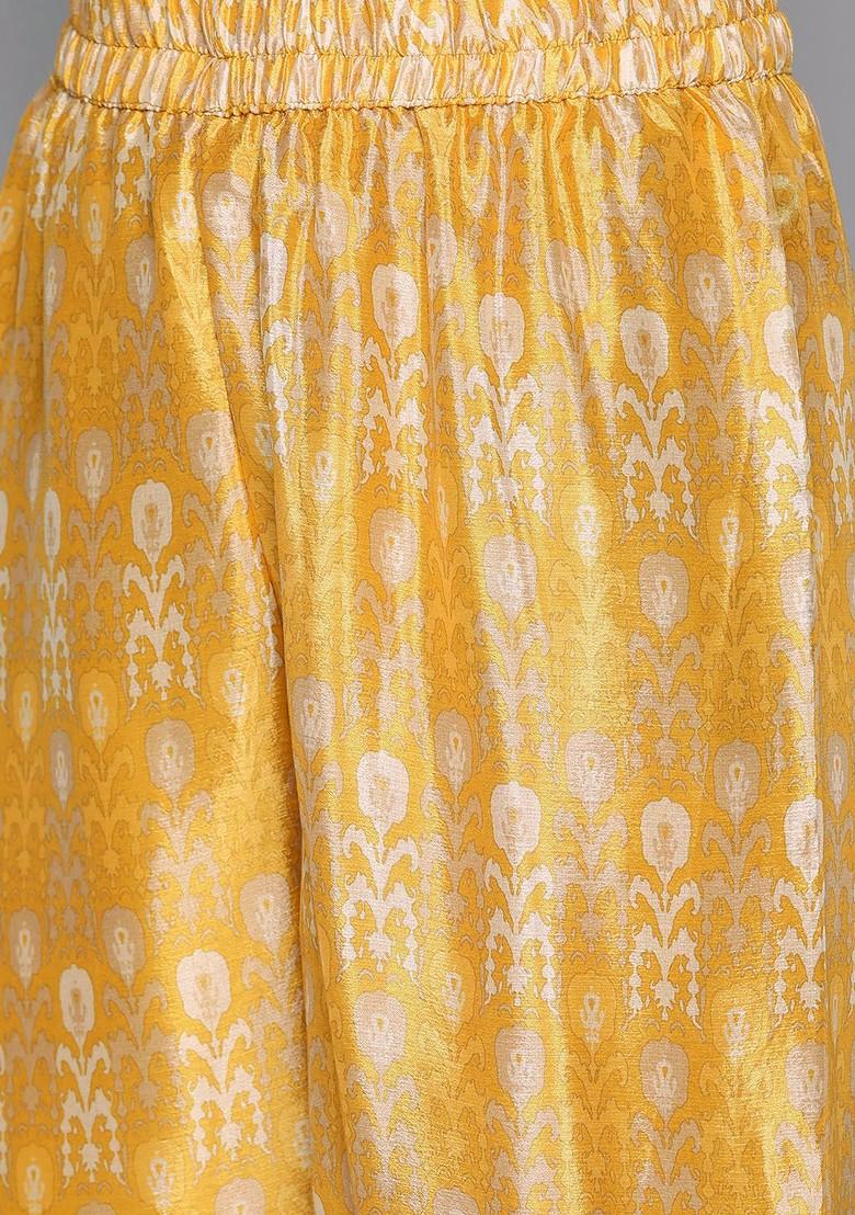 Yellow And Beige Ethnic Motifs Printed Mirror Work Kurta With Sharara And Dupatta