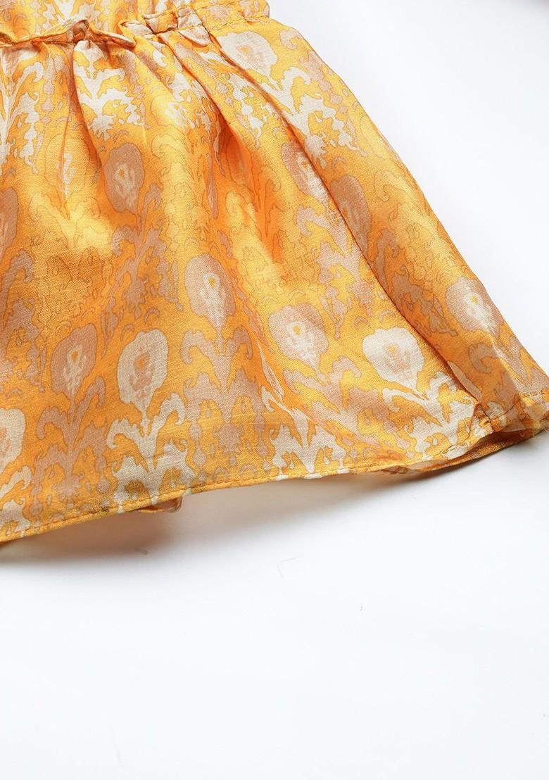 Yellow And Beige Ethnic Motifs Printed Mirror Work Kurta With Sharara And Dupatta