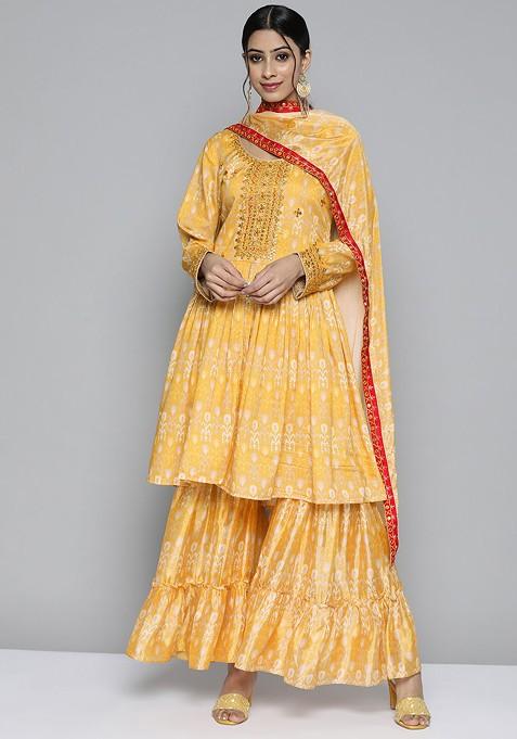 Yellow And Beige Ethnic Motifs Printed Mirror Work Kurta With Sharara And Dupatta
