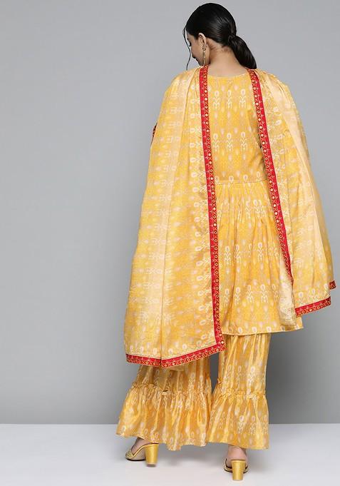 Yellow And Beige Ethnic Motifs Printed Mirror Work Kurta With Sharara And Dupatta