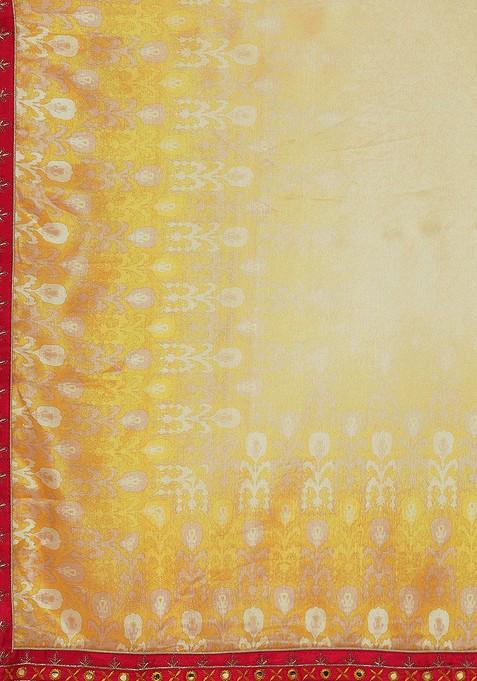 Yellow And Beige Ethnic Motifs Printed Mirror Work Kurta With Sharara And Dupatta