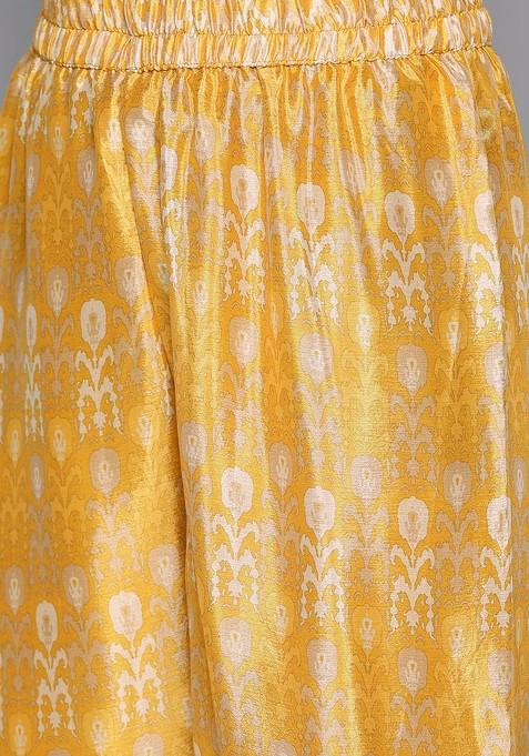 Yellow And Beige Ethnic Motifs Printed Mirror Work Kurta With Sharara And Dupatta
