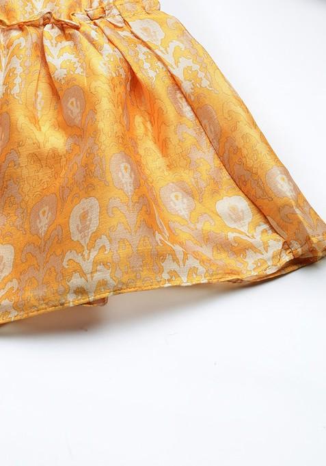 Yellow And Beige Ethnic Motifs Printed Mirror Work Kurta With Sharara And Dupatta