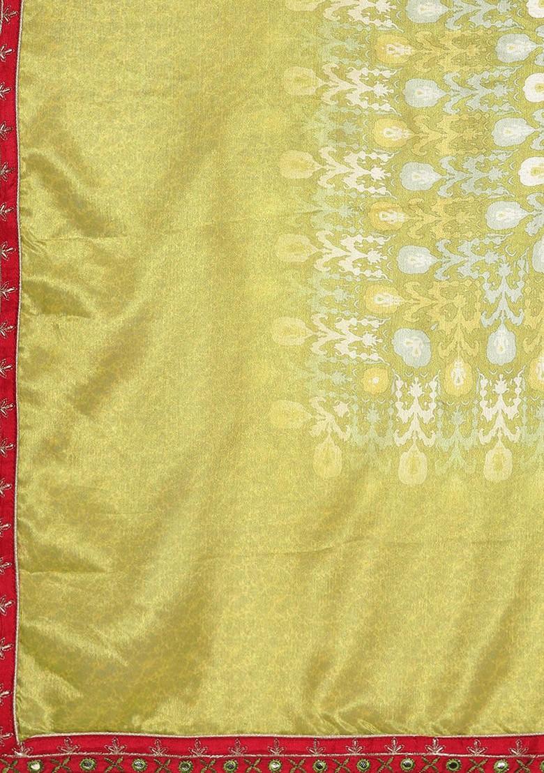 Olive Green Ethnic Motifs Printed Mirror Work Kurta With Sharara And Dupatta