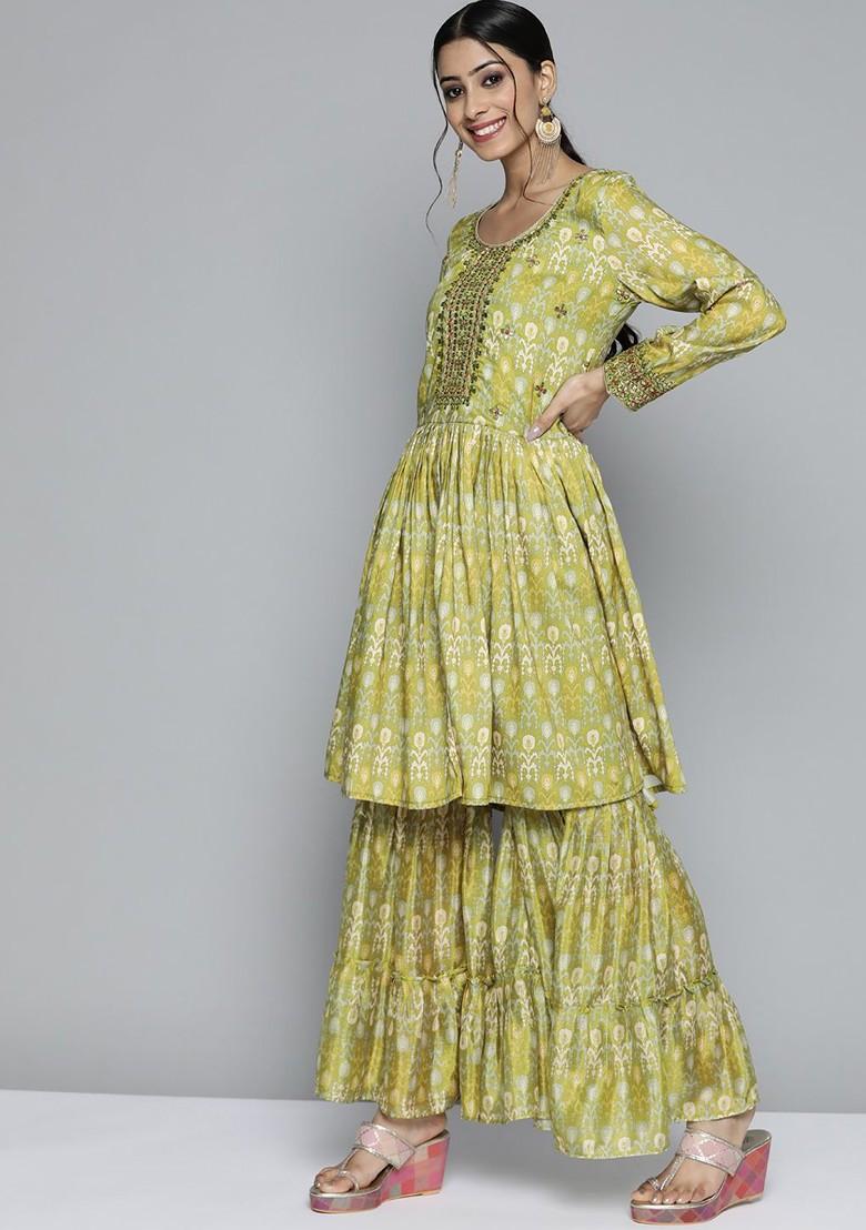 Olive Green Ethnic Motifs Printed Mirror Work Kurta With Sharara And Dupatta