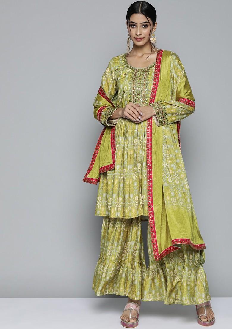 Olive Green Ethnic Motifs Printed Mirror Work Kurta With Sharara And Dupatta