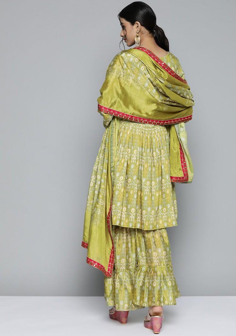 Olive Green Ethnic Motifs Printed Mirror Work Kurta With Sharara And Dupatta