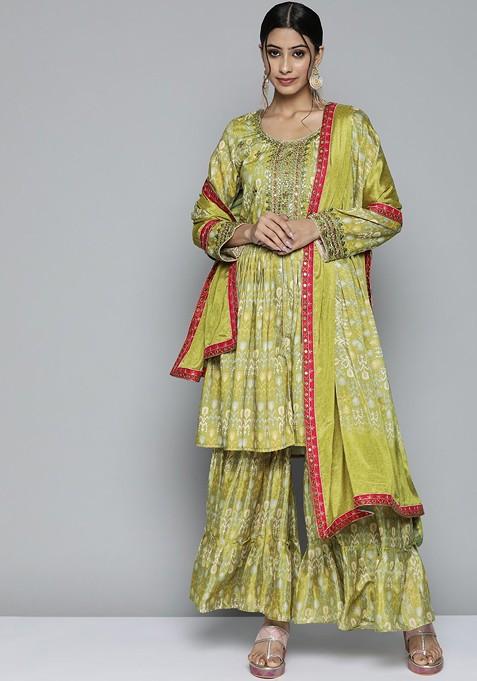 Olive Green Ethnic Motifs Printed Mirror Work Kurta With Sharara And Dupatta