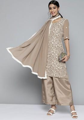 Beige And White Floral Embroidered Chikankari Kurta With Palazzos And Dupatta
