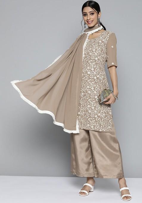 Beige And White Floral Embroidered Chikankari Kurta With Palazzos And Dupatta