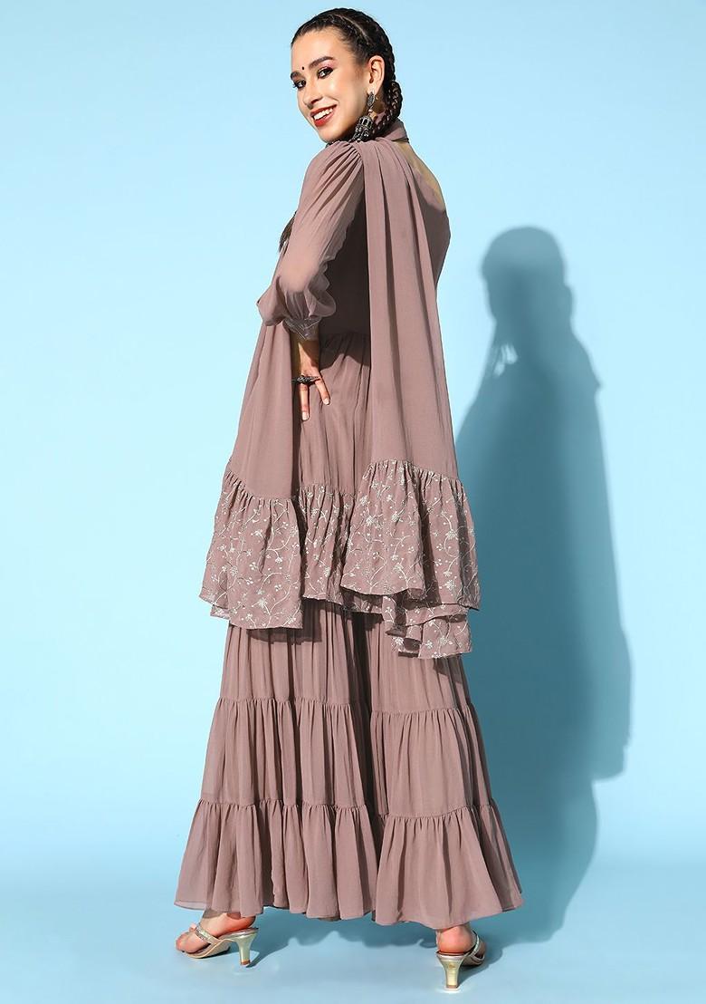 Brown Floral Poly Georgette Swirling Volume Kurta Set - Indya