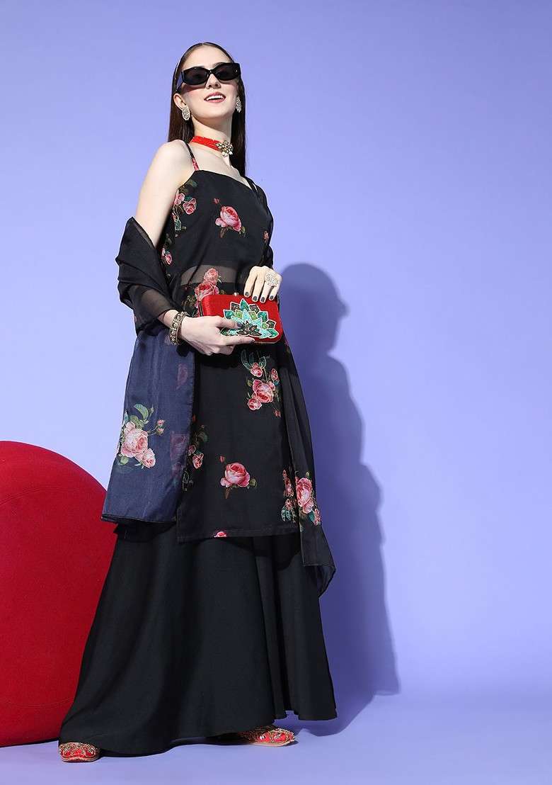 Black Floral Print Organza Sharara Set - Indya